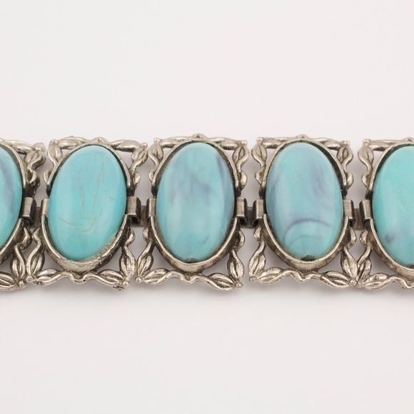Vintage Karu Arke Faux Turquoise Panel Bracelet Silver Tone Mid-Century Bohemian - Picture 5 of 7